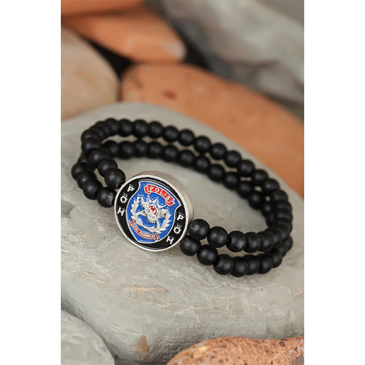 Siyah Renk Çift Sıra Oniks Doğal Taş PÖH Tasarımlı Erkek Bileklik