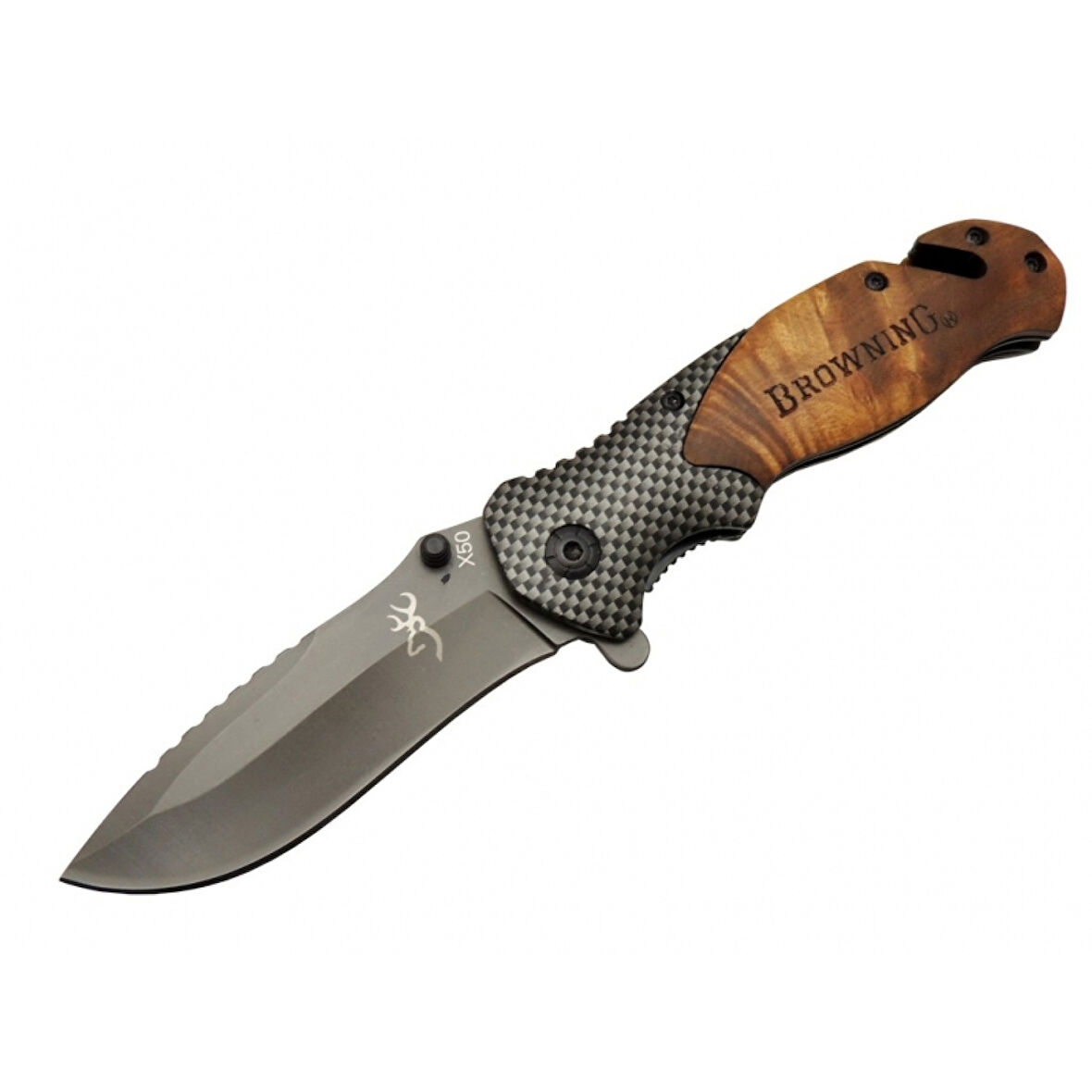 Browning X50 Kahverengi Kurtarma / Kamp Çakısı 20,5cm- Yarı Otomatik, Ahşap Sap, Cam Kırma Ve İp Kesme Aparatlı
