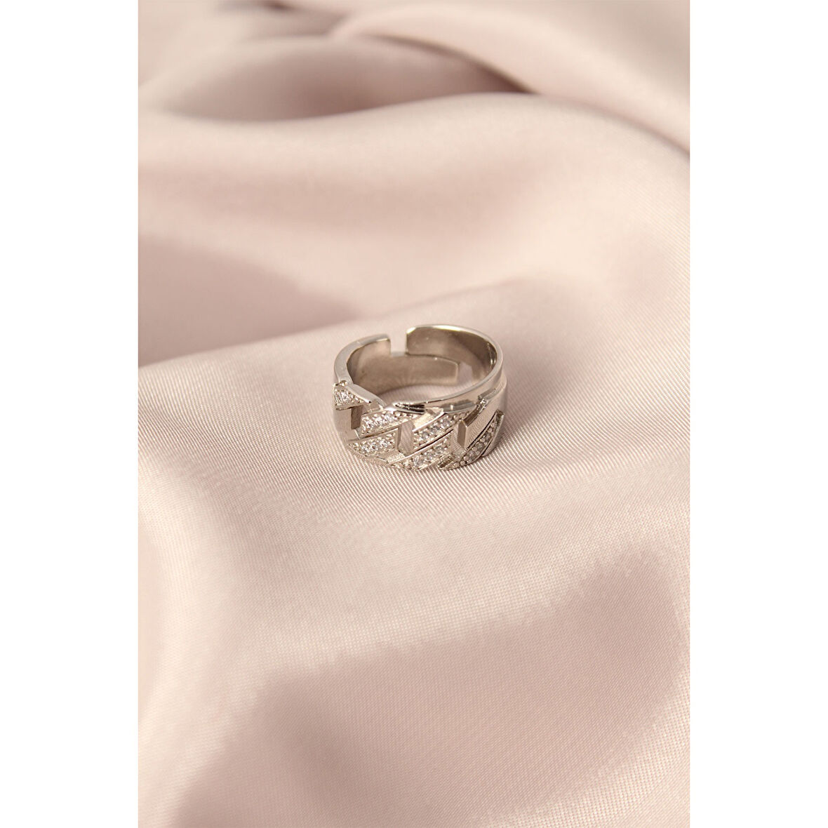 Gümüş Renk Metal Zirkon Taşlı Ayarlanabilir Kadın Yüzük