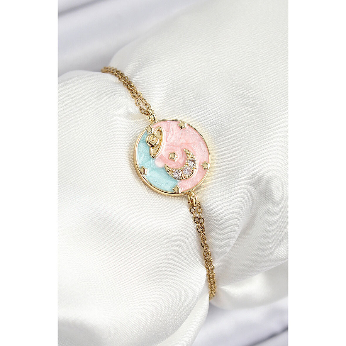 316L Çelik Zincir Mineli Sanatsal Portre Zirkon Taşlı Gezegen Model Gold Renk Kadın Bileklik