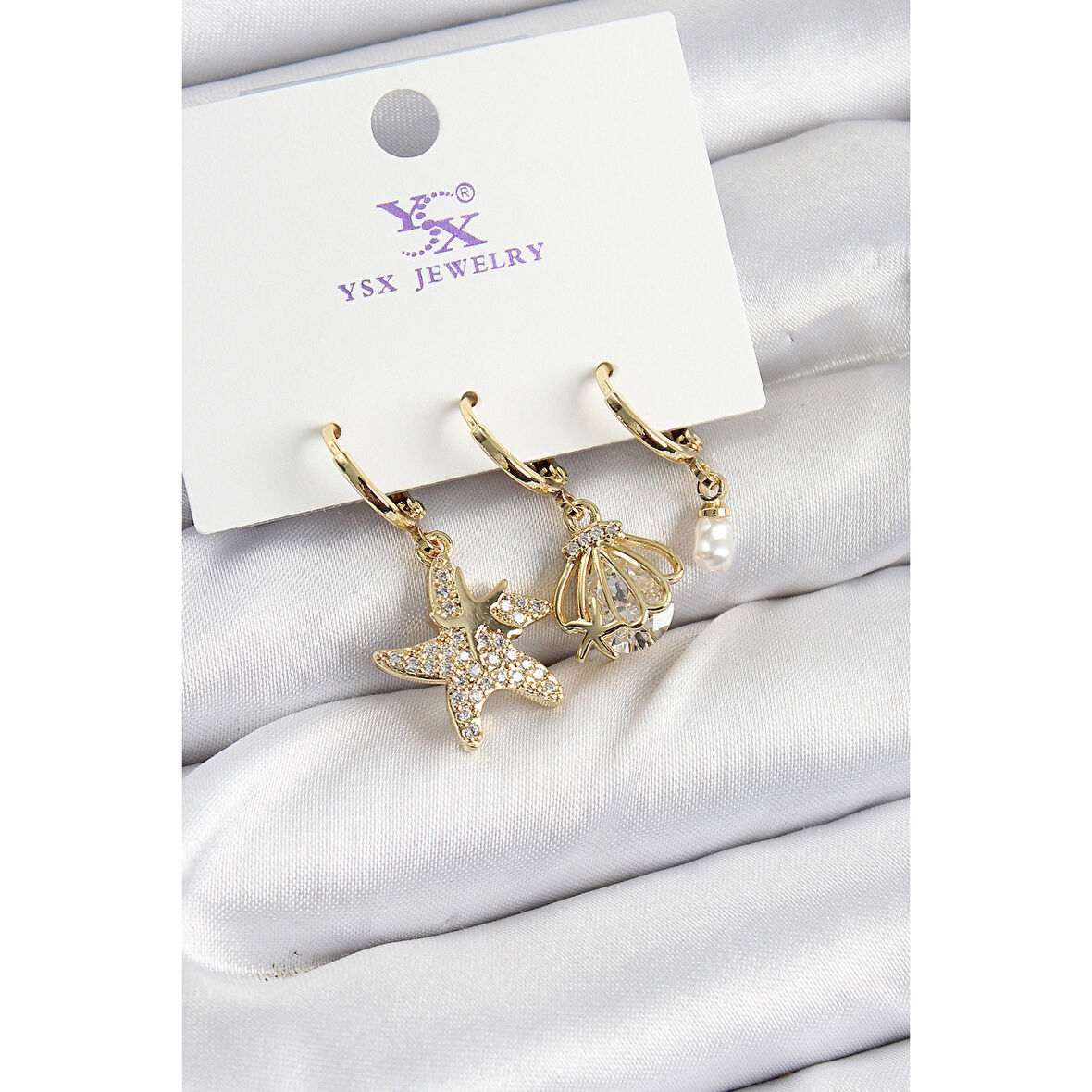 Pirinç Zİrkon Taşlı Deniz Yıldızı Ve İstiridye Model Gold Renk 3'lü Kadın Küpe