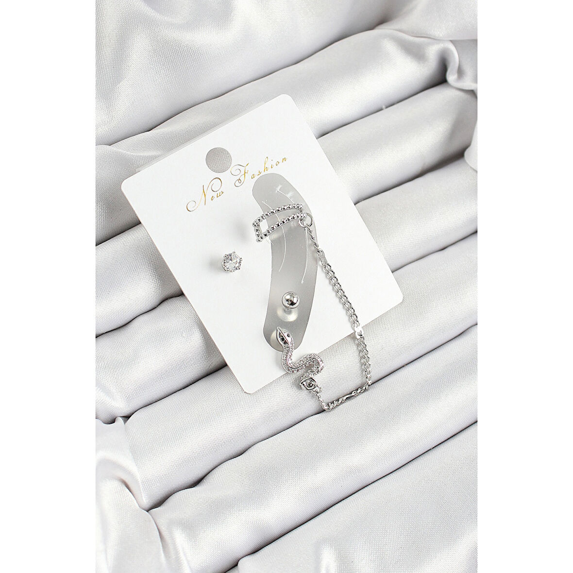 Pirinç Yılan Figürlü Zirkon Taşlı Gümüş Renk 3'lü Kıkırdak Kadın Küpe Set