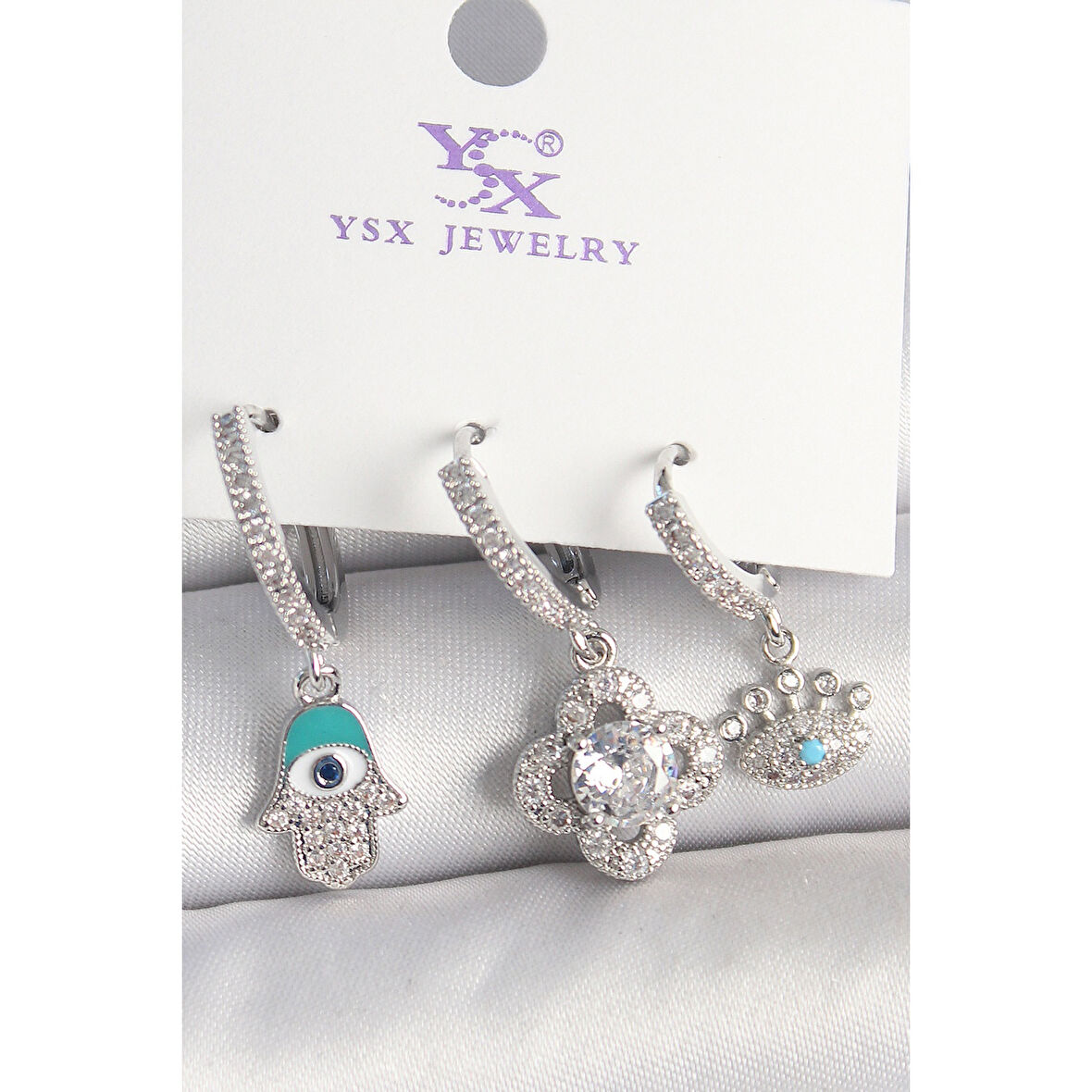 Pirinç Gümüş Renk Zirkon Taşlı Fatma Ana Yonca Figür Göz Detay 3'Lü Kadın Kombin Küpe