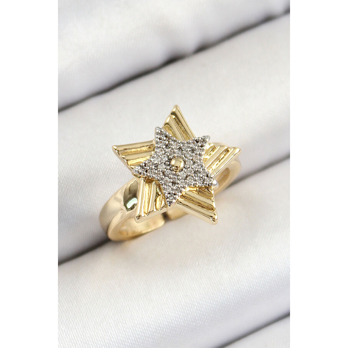 Pirinç Zirkon Taşlı Yıldız Model Gold Ve Gümüş Renk Kadın Yüzük