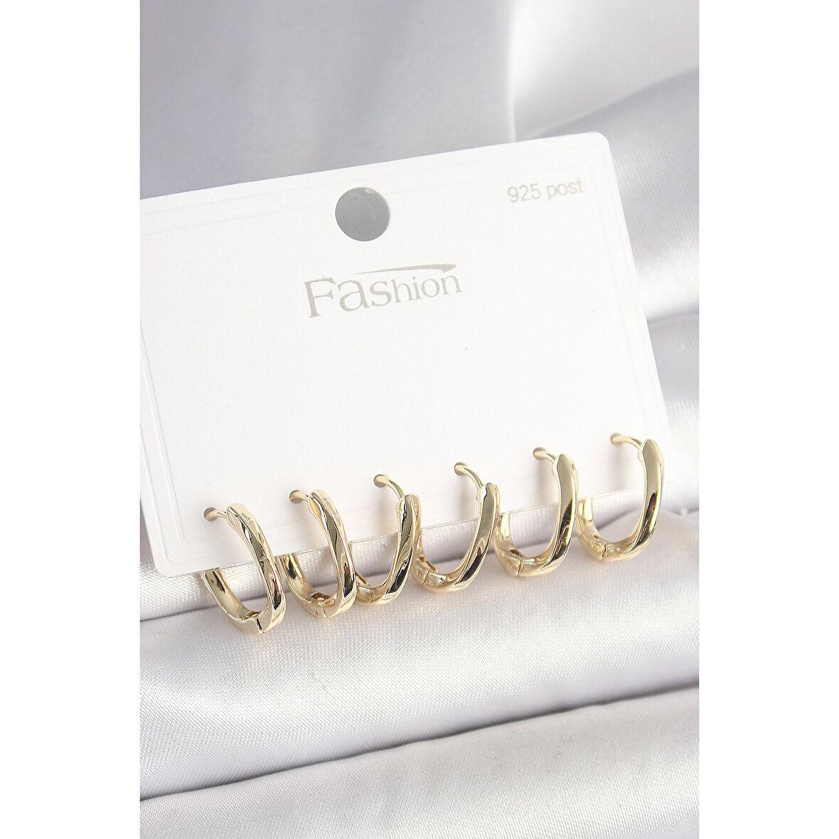 925 Ayar Gümüş Çivi Pirinç Gold Renk Oval Halka Model Kadın Küpe Seti