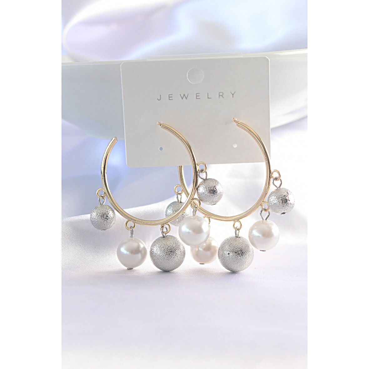 Pirinç Gümüş Renk Topçuk Model Gold Renk Halka Küpe