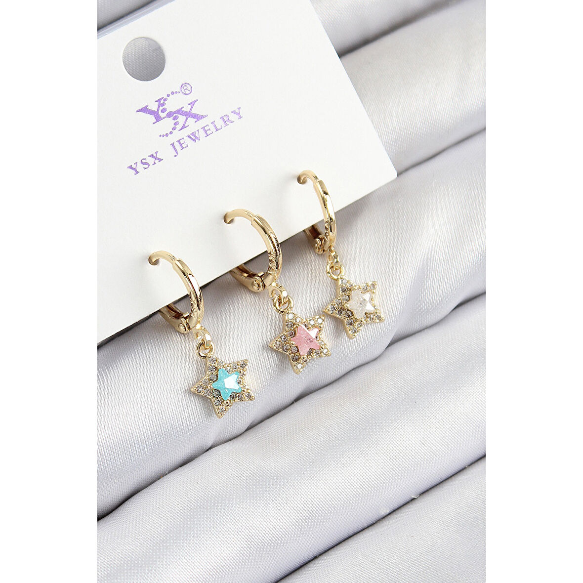 Pirinç Zirkon Taşlı 3'lü Renkli Yıldız Model Gold Renk Kadın Küpe