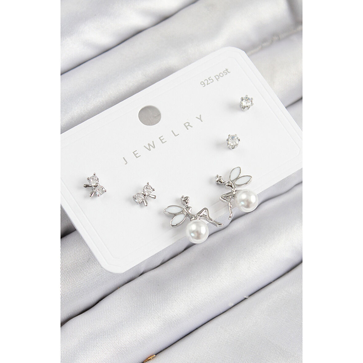 Pirinç Zirkon Taşlı İnci Melek Model Gümüş Renk 925 Ayar Gümüş Çivi Kadın Küpe Set