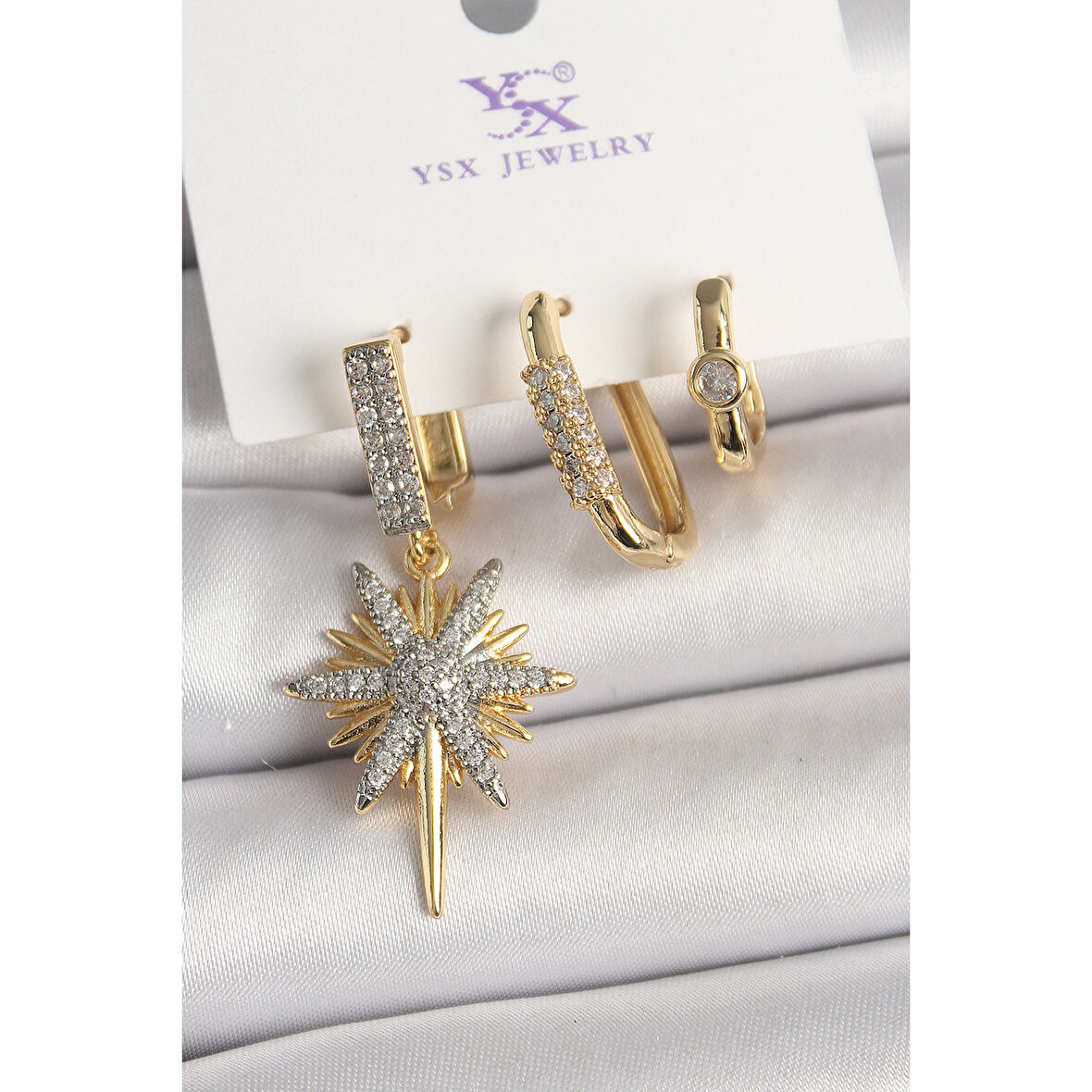 Pirinç Gold Renk Sallantı Zirkon Taşlı Kutup Yıldız Model 3'Lü Kadın Kombin Küpe