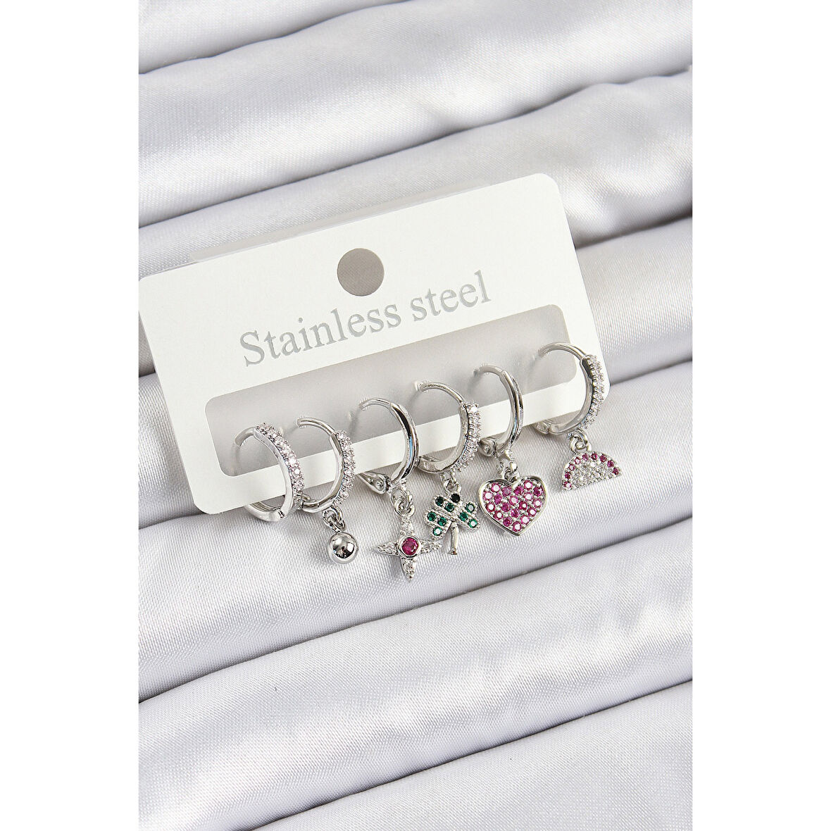 Pirinç Zirkon Taşlı Karpuz Yonca Kalp Pusula Karışık Model Gümüş Renk 6'lı Set Kadın Küpe