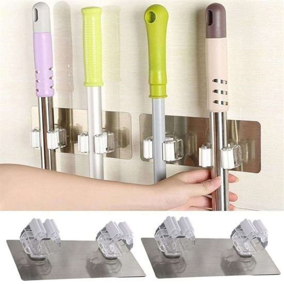 Buffer® Pratik Organizer 4lü Yapışkanlı Fırça Paspas Mop Fırça Sabitleyici Ergonomik Alet Aparatı