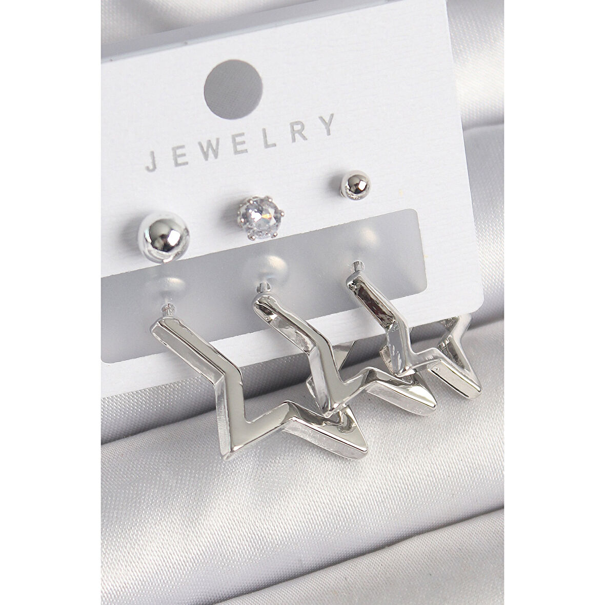 Pirinç Gold Renk Yıldız Model Zirkon Taşlı Topçuk Detay Kadın Küpe Seti