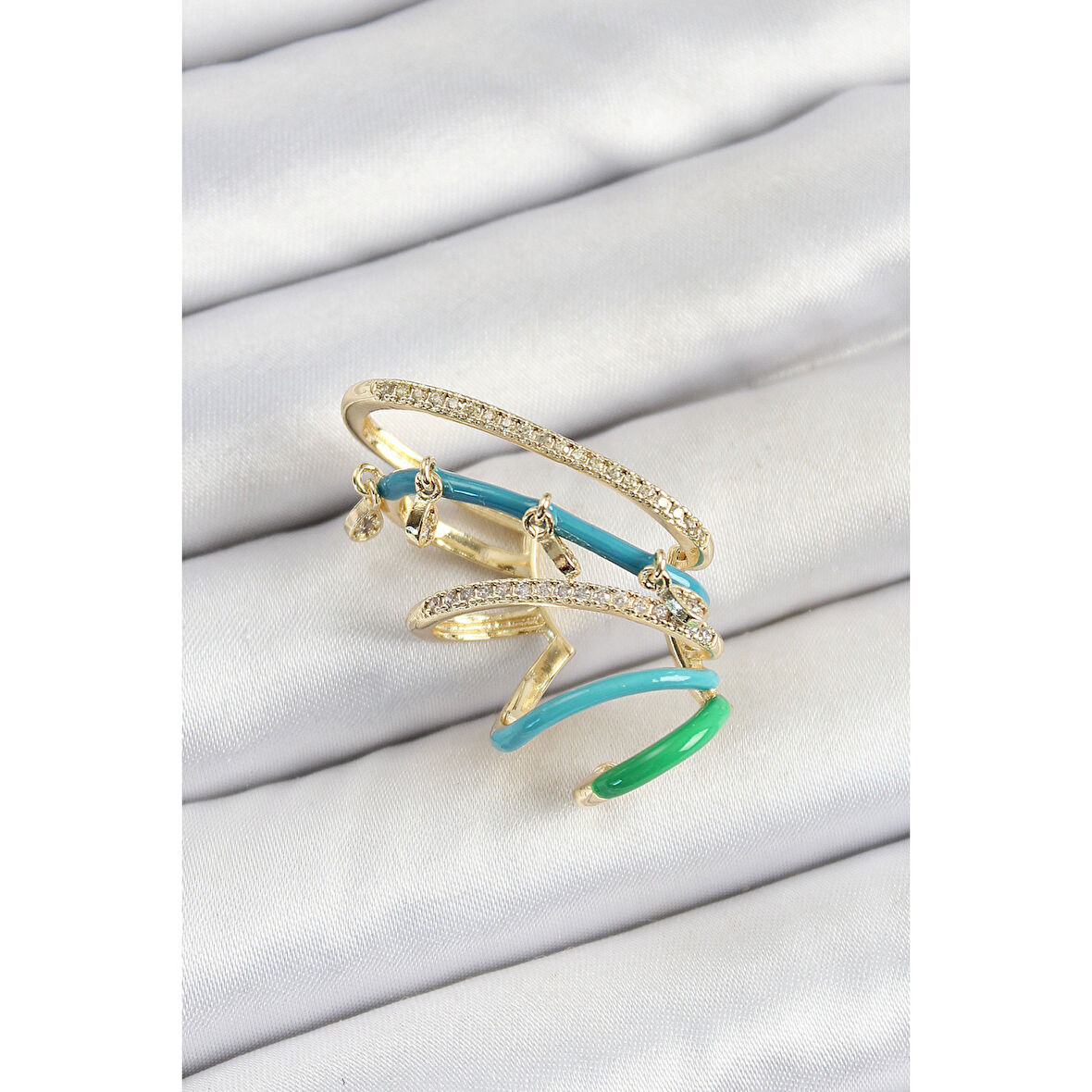 Pirinç Zirkon Taşlı Mavi Yeşil Sıkıştırma Sağ Kıkırdak Gold Renk Kadın Küpe