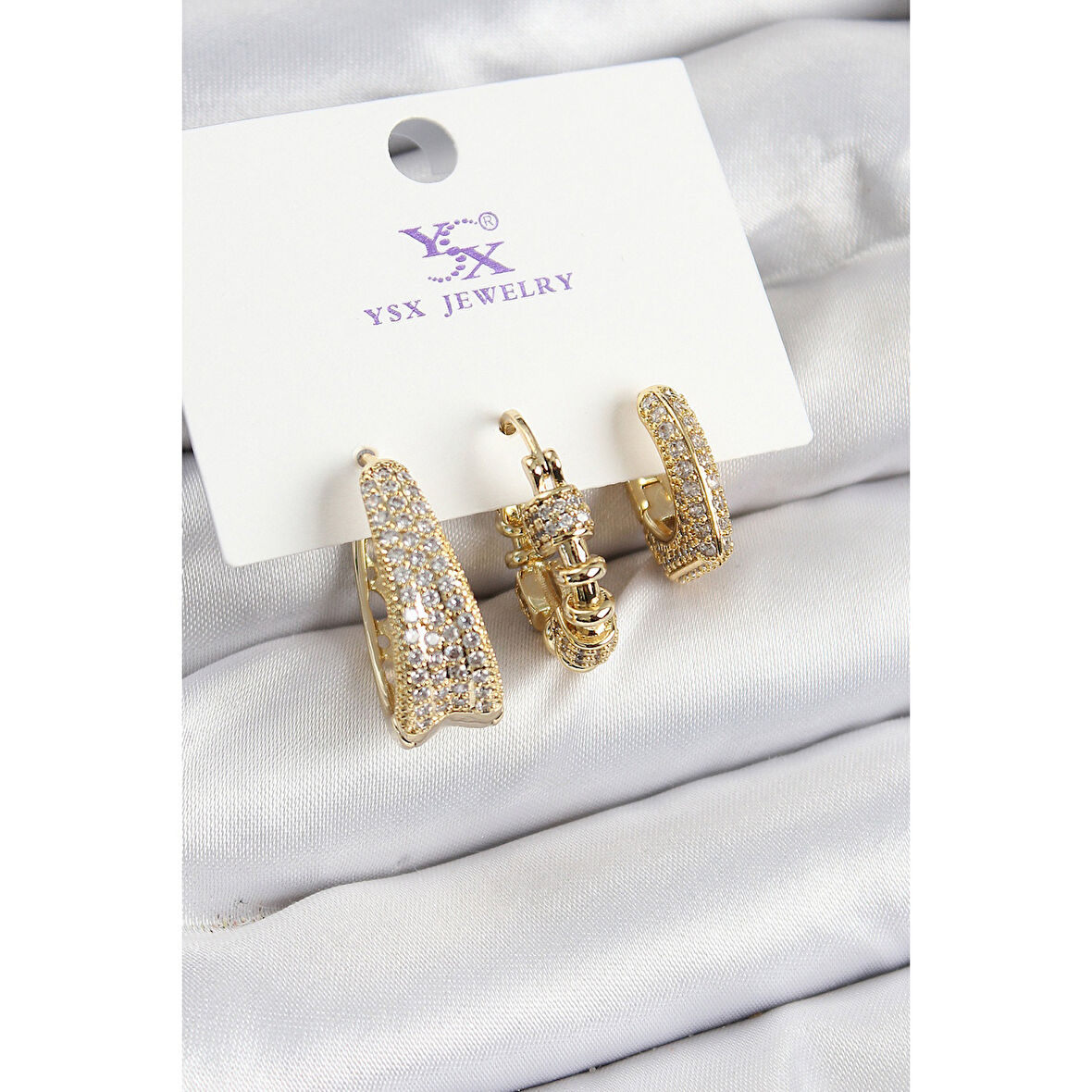 Pirinç Zİrkon Taşlı Halka Model Gold Renk 3'lü Kadın Küpe