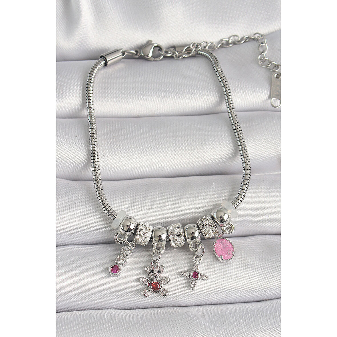 Pirinç Gümüş Renk Zincir Sallantı Zirkon Taşlı Ayıcık Figür Yıldız Detay Kadın Bileklik