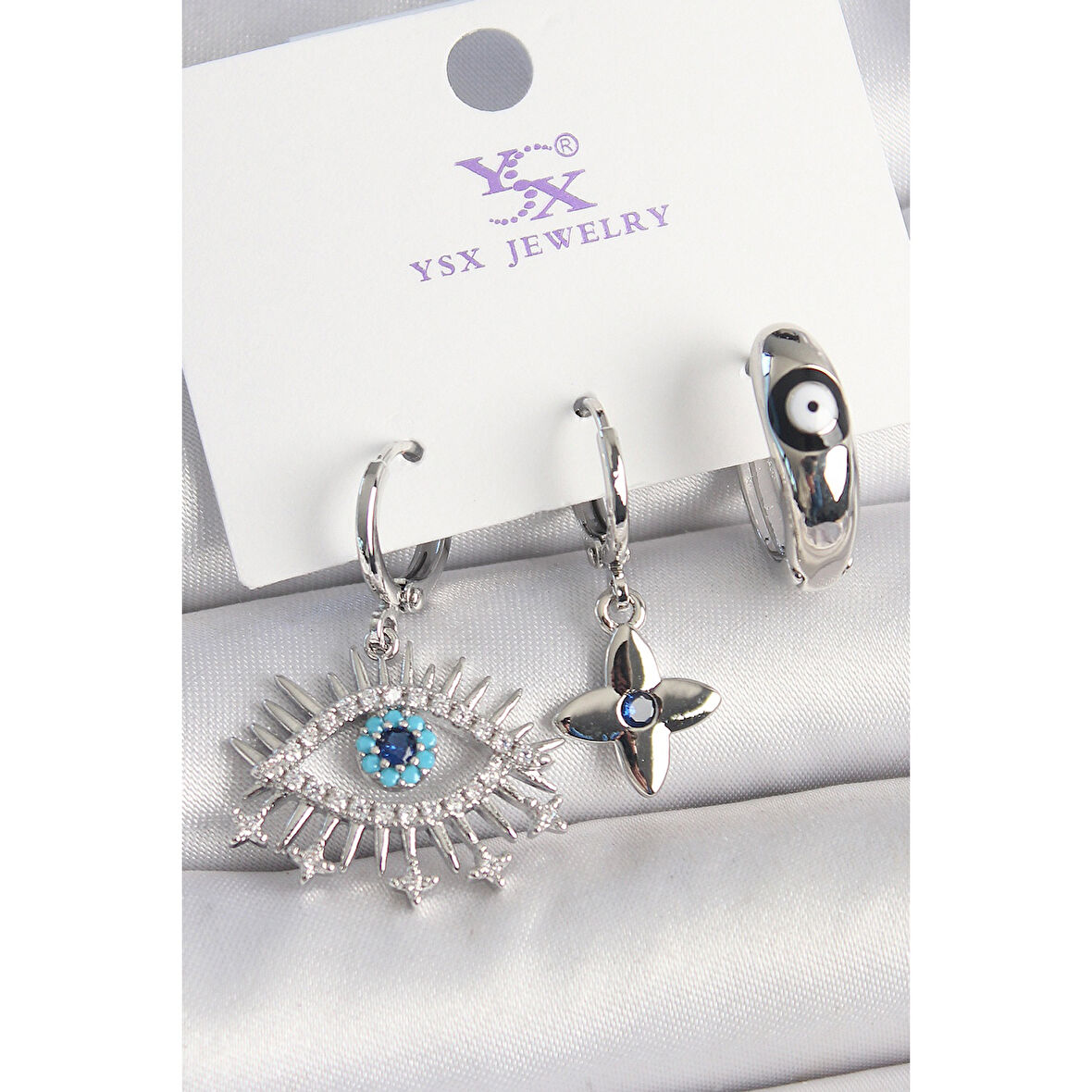 Pirinç Gümüş Renk Zirkon Taşlı Göz Model Nazar Boncuk Detay 3'Lü Kadın Kombin Küpe