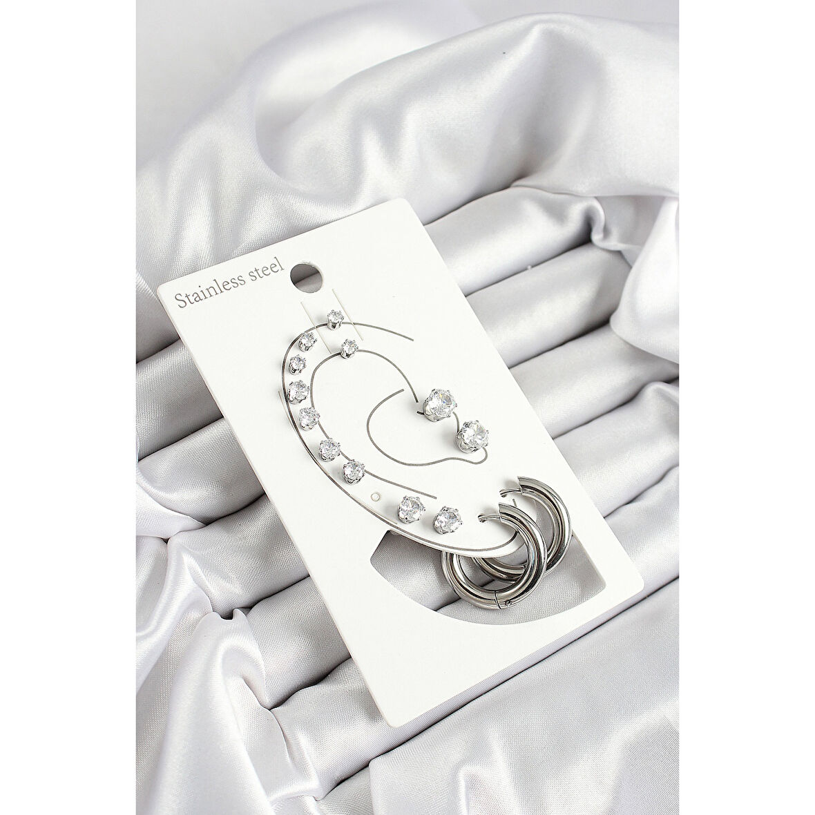 316L Çelik Halka Figürlü Ve Zirkon Taşlı Gümüş Renk 7'li Çift Kadın Küpe Set