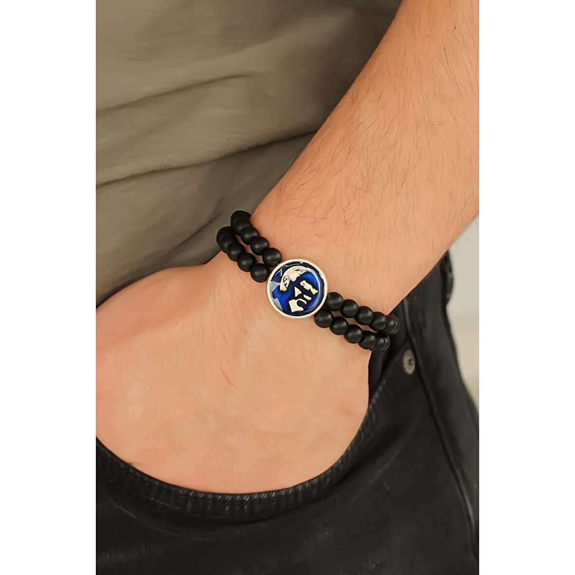 Atatürk Portre Figürlü Lacivert Metal Aksesuarlı Siyah Oniks Doğal Taş Erkek Bileklik
