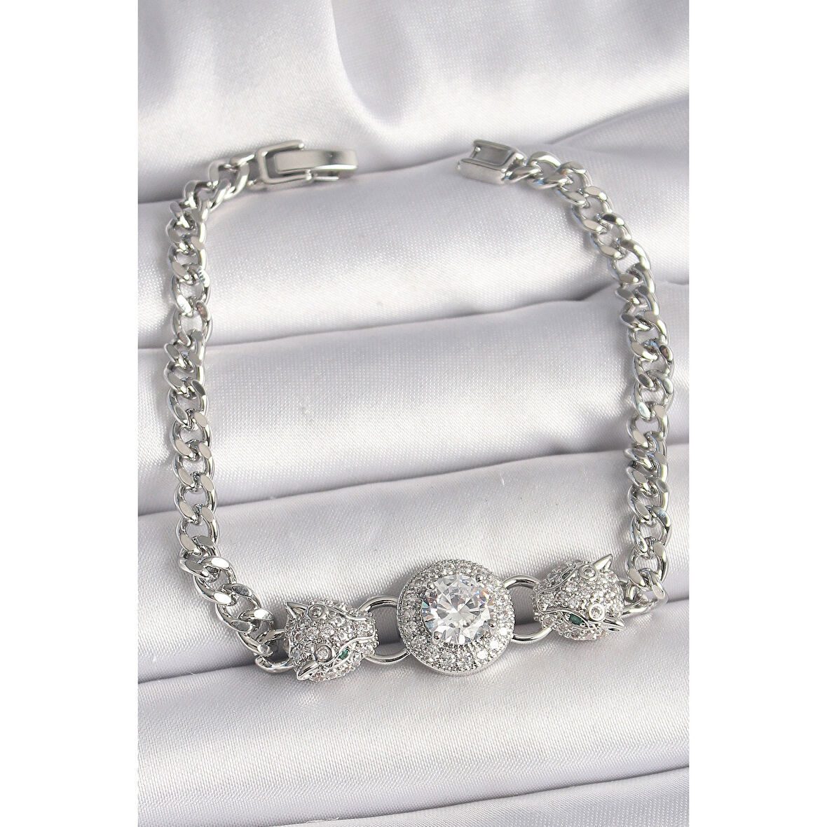 Pirinç Gümüş Renk Zirkon Taşlı Leopar Figür Zincir Model Kadın Bileklik