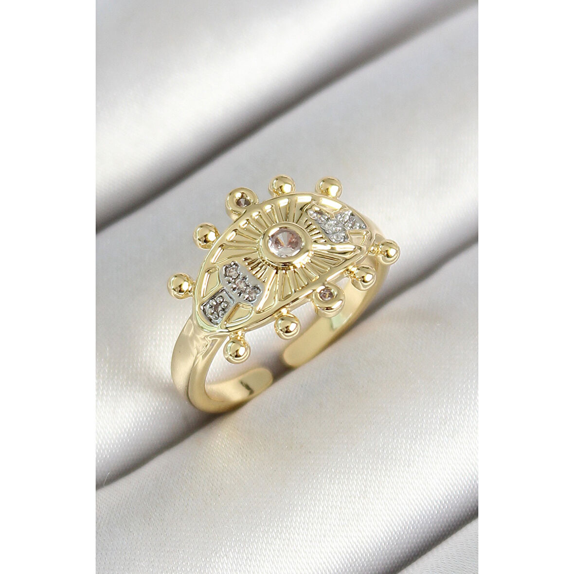 Pirinç Göz Figürlü Zirkon Taşlı Gold Renk Ayarlanabilir Kadın Yüzük