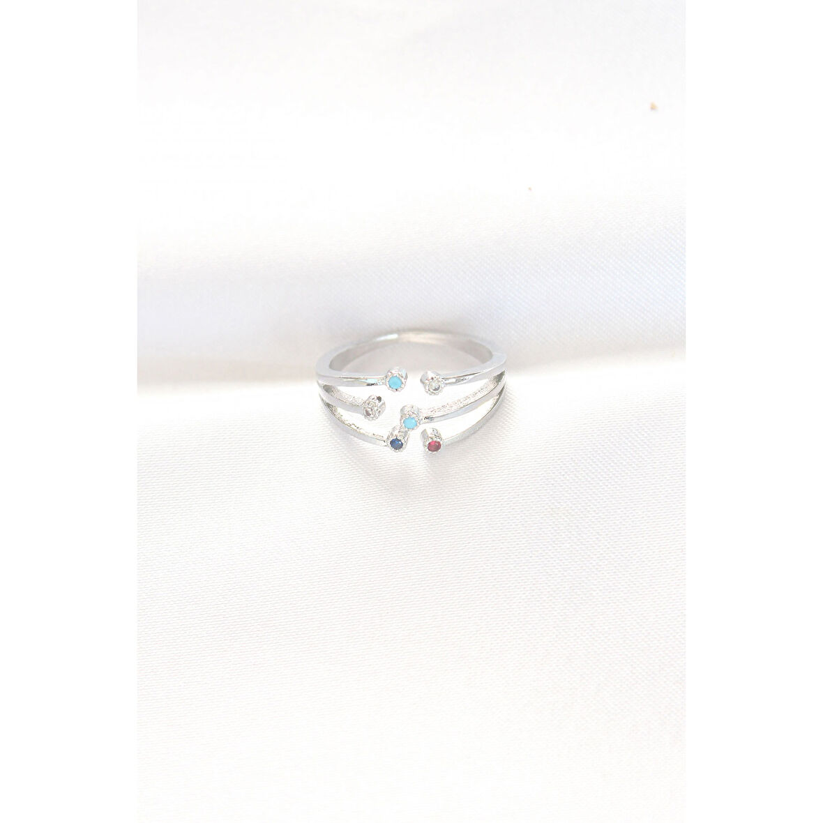 Renkli Zirkon Taşlı Silver Renk Ayarlanabilir Yüzük