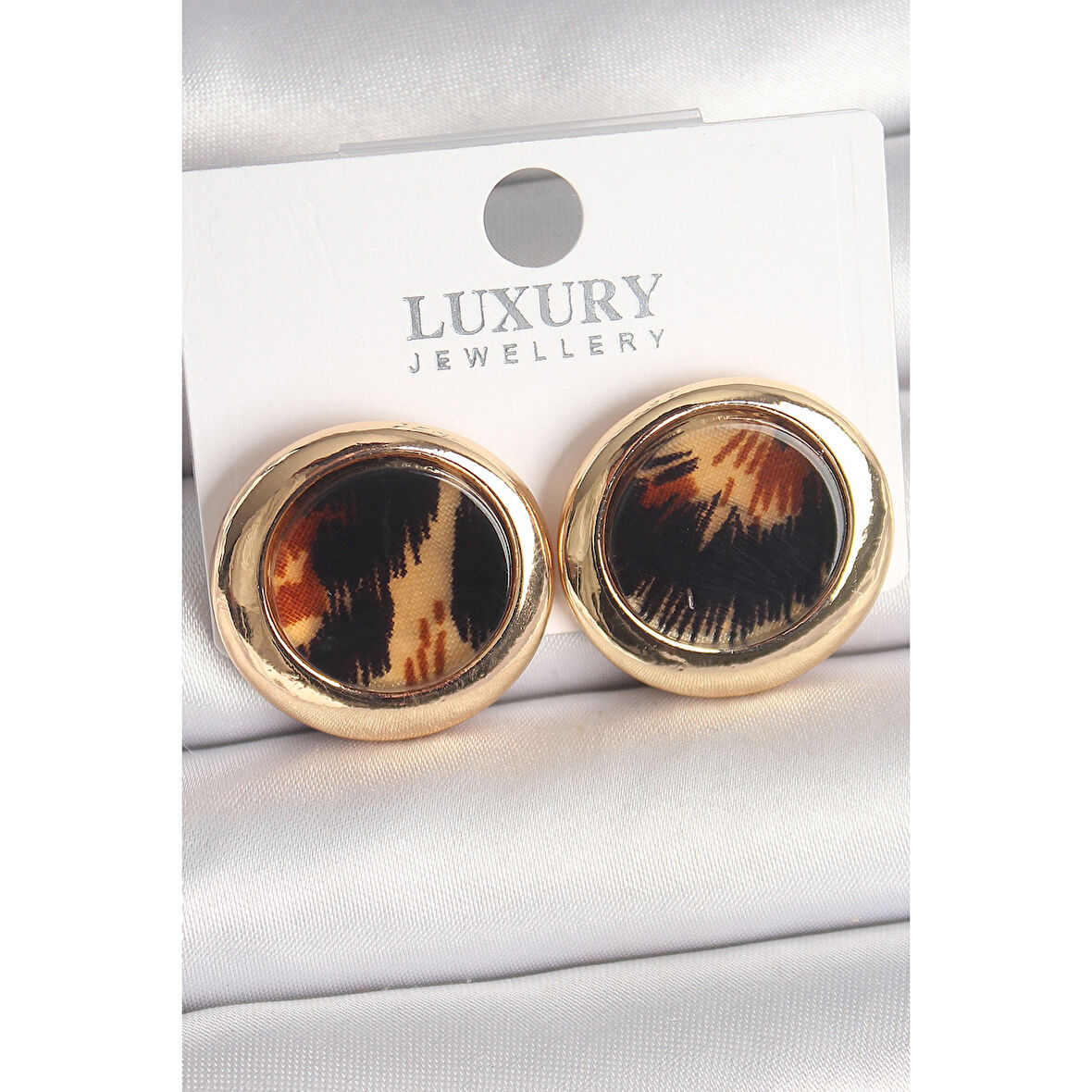 Pirinç Gold Renk Leopar Desen Daire Model Kadın Küpe