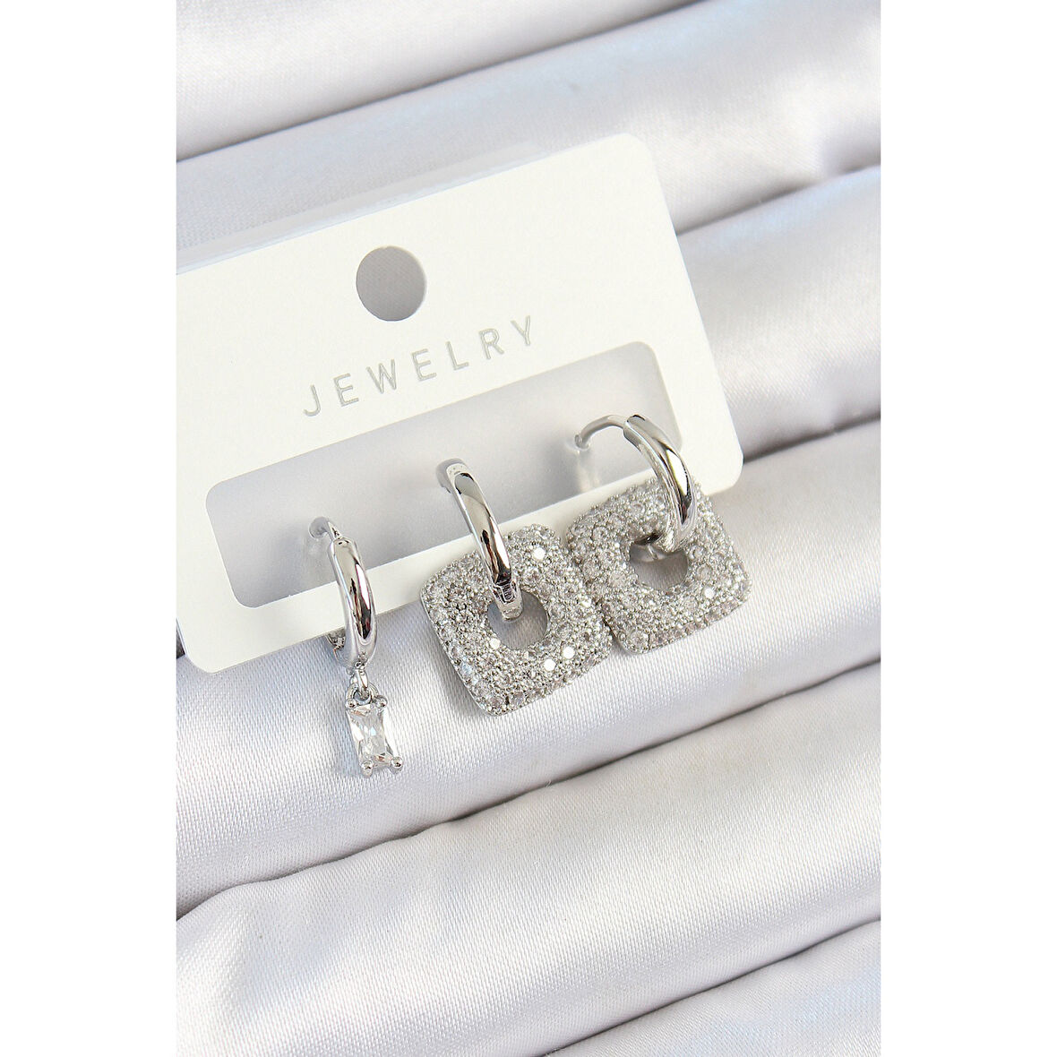 Pirinç Zirkon Taşlı Kare Model Gümüş Renk 3'lü Çift Kadın Küpe Set