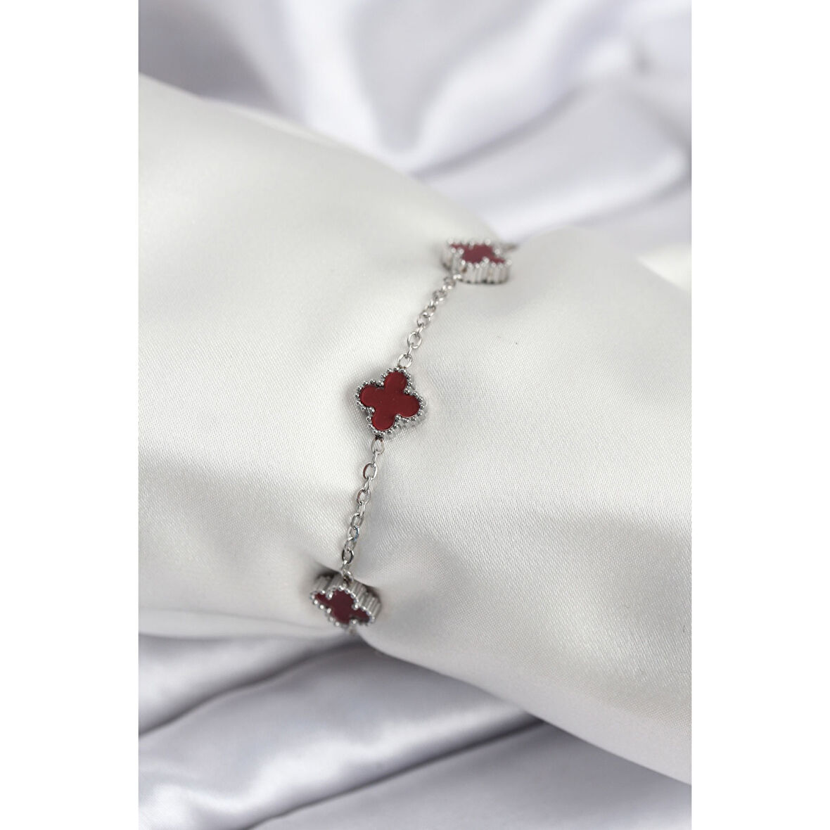 316L Çelik Gümüş Renk Bordo Baby Boy Yonca Kadın Bileklik