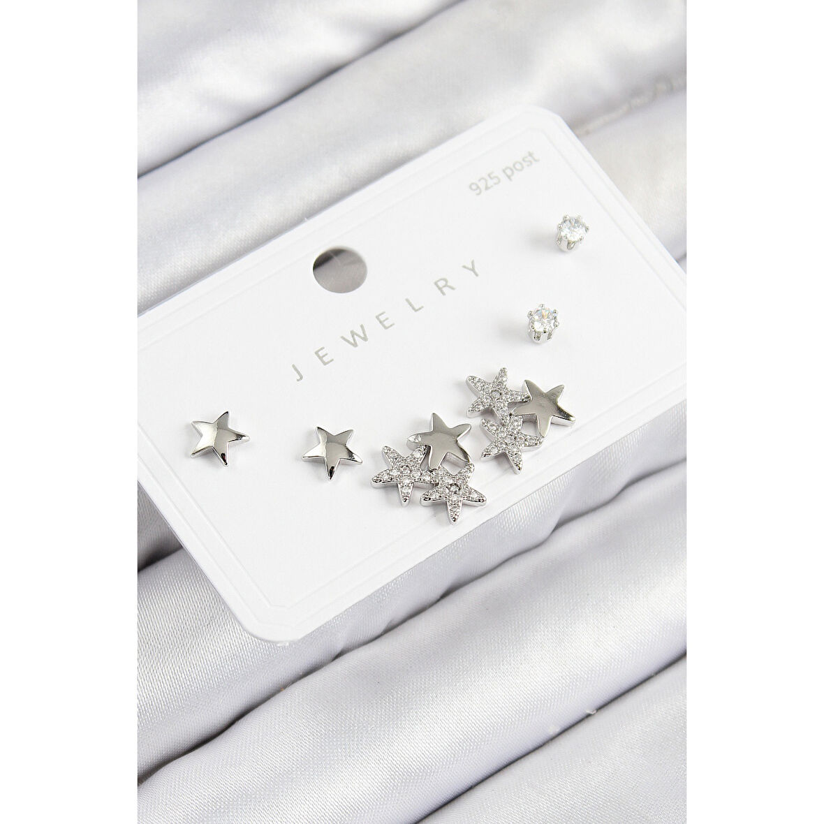 Pirinç Zirkon Taşlı Yıldız Model Gümüş Renk 925 Ayar Gümüş Çivi Kadın Küpe Set