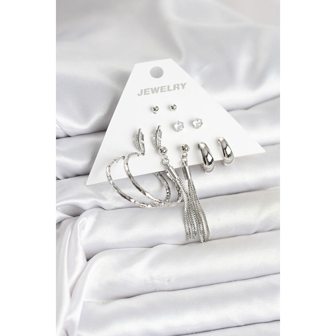 Gümüş Renk Pirinç 6 Çiftli Kadın Küpe Seti