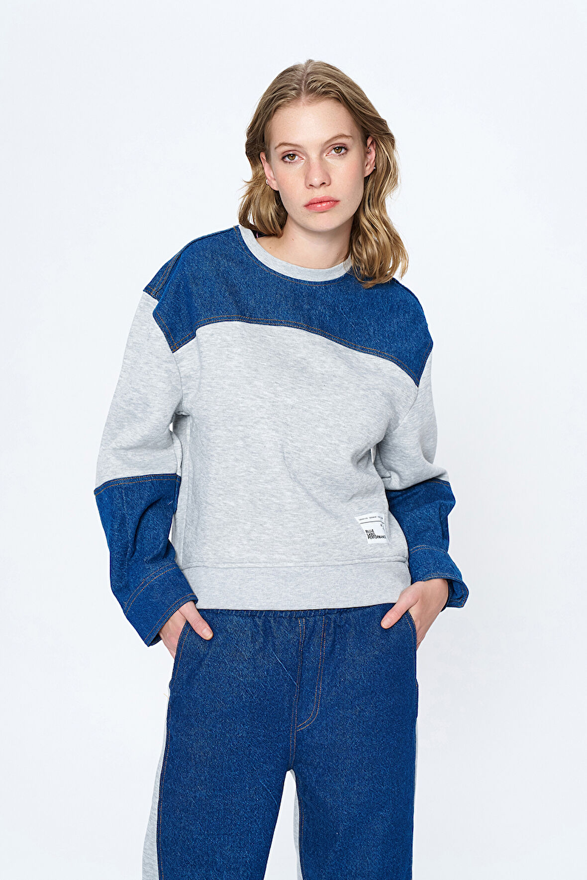 Denim Detaylı Sweatshirt Gri