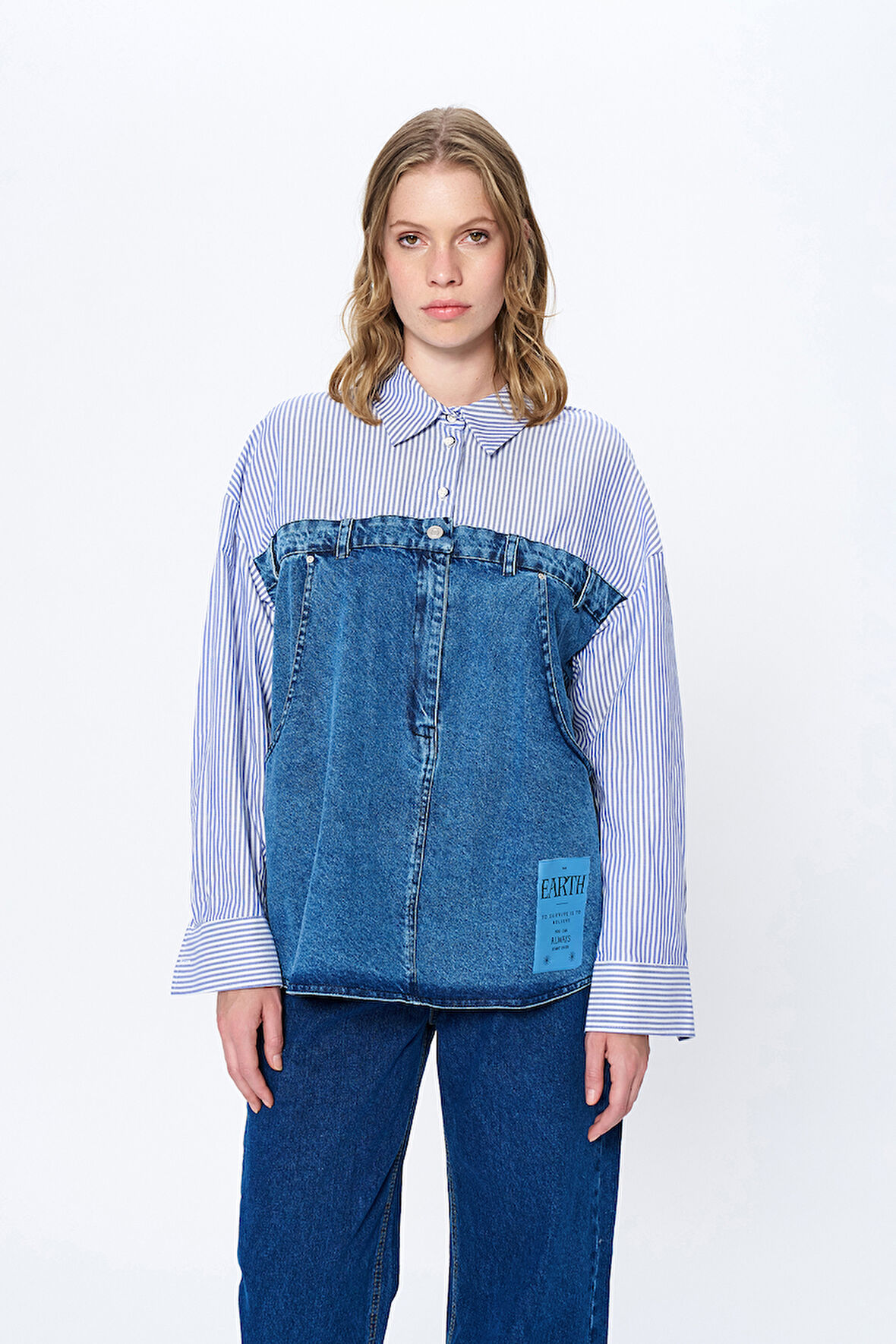 Çizgi Detaylı Denim Gömlek Mavi