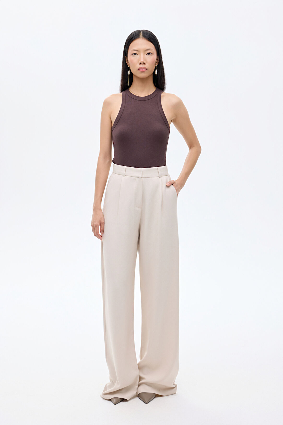 Bol Paça Palazzo Kumaş Pantolon Bej