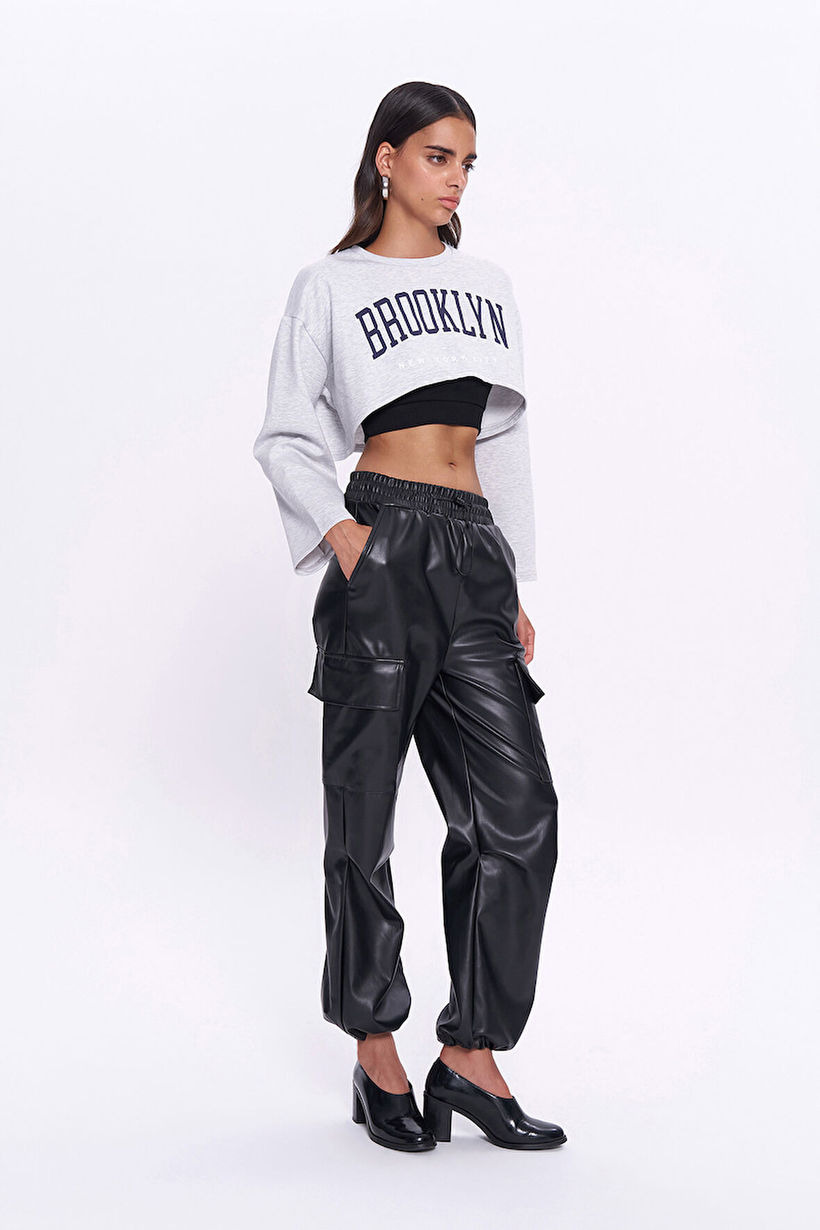 Kargo Cep Beli Lastikli Deri Pantolon Siyah