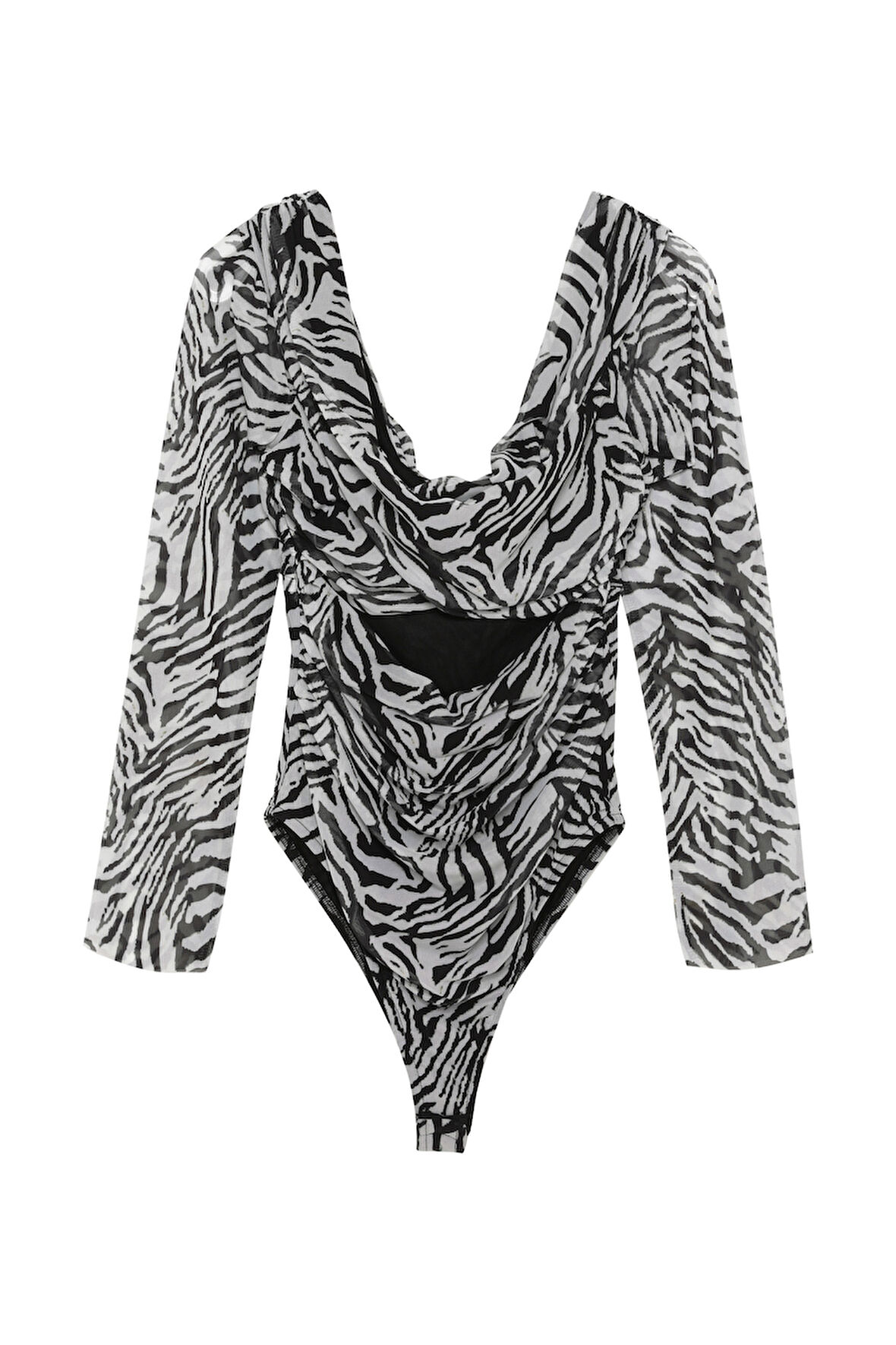 Zebra Desenli Tül Bodysuit Siyah