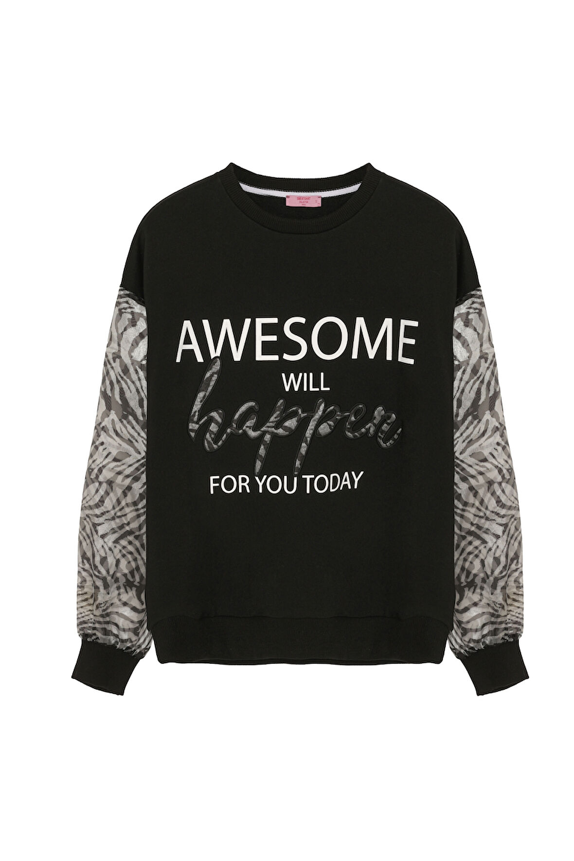 Kolu Zebralı Yazı Baskılı Sweatshirt Siyah