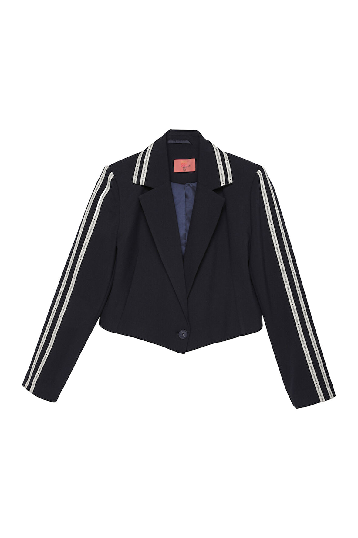 Yazı Şeritli Tek Düğmeli Crop Blazer Ceket Lacivert