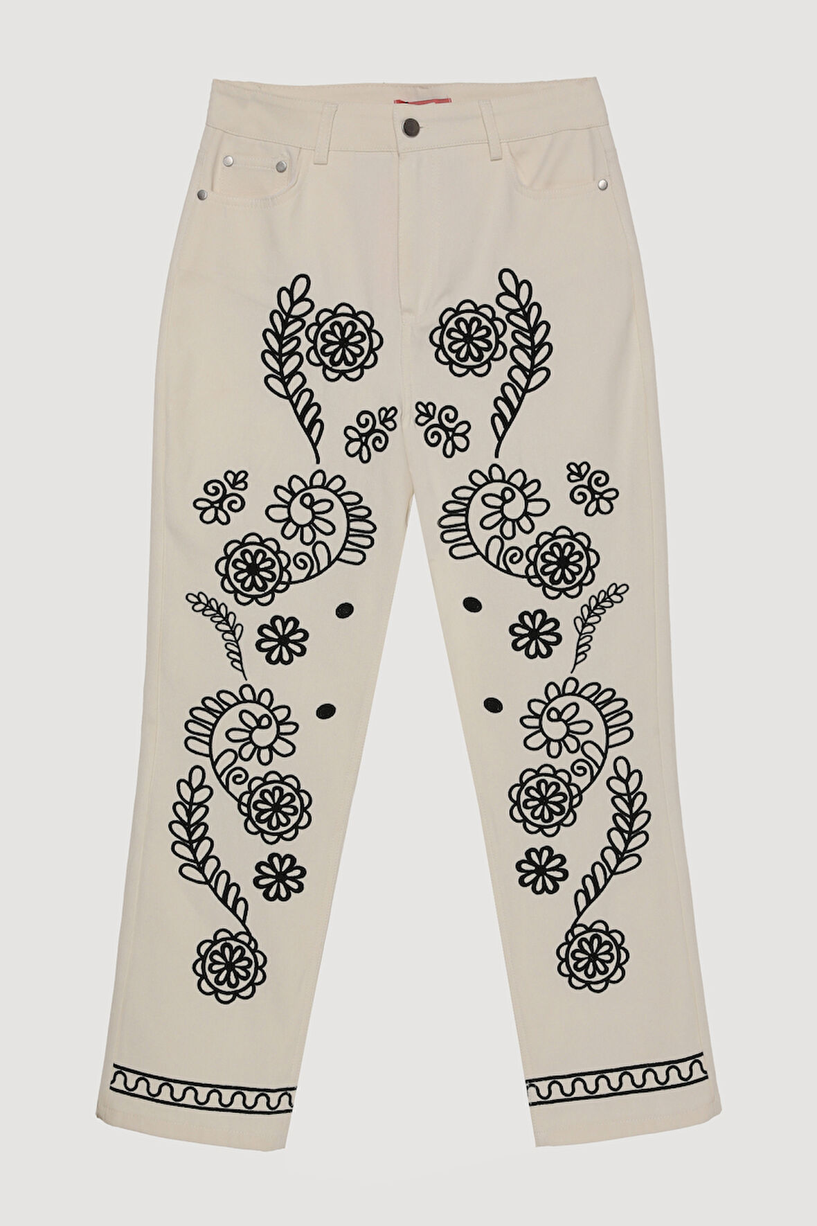 Nakış İşlemeli Yüksek Bel Pantolon Ekru