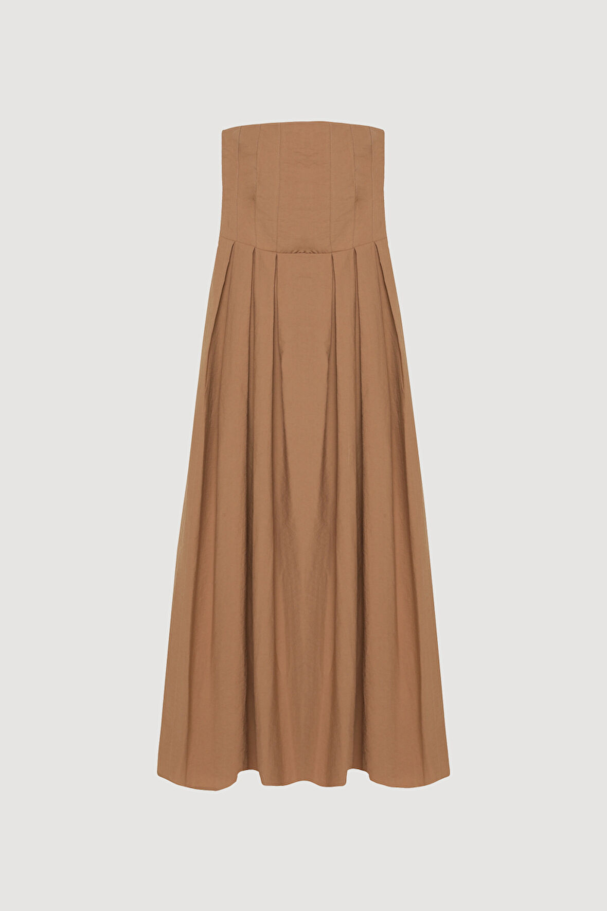 Straplez Pile Detaylı Uzun Elbise Kahverengi