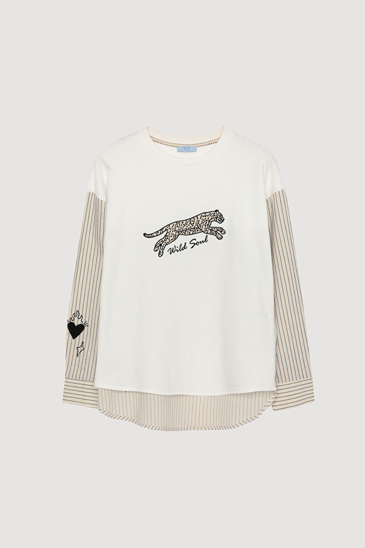 Çizgili Garnili Leopar Baskılı Sweatshirt Ekru