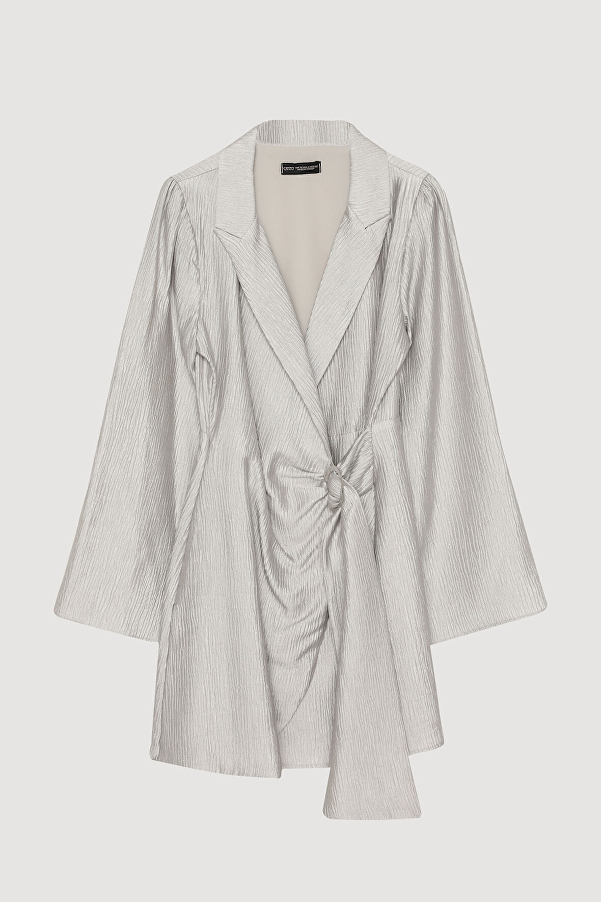 Kruvaze Bağlamalı Dokulu Mini Elbise Gri