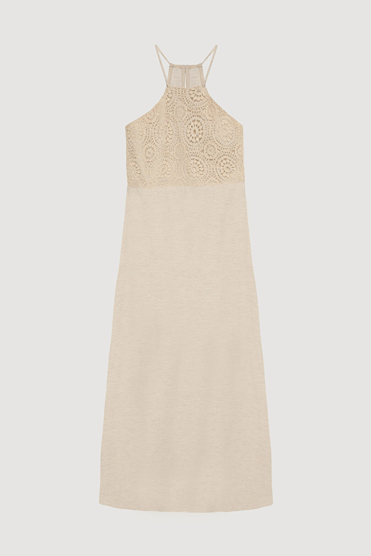 Halter Yaka Dantelli Uzun Elbise Naturel