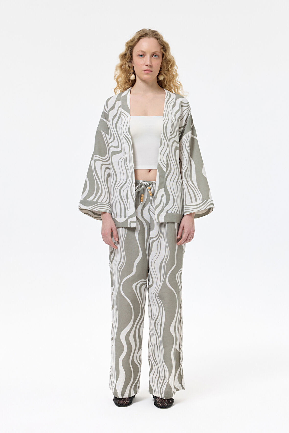 Dalga Desenli Beli Lastikli Keten Bol Pantolon Haki