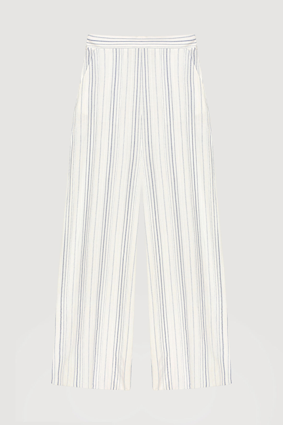 İnce Çizgili Yüksek Bel Pantolon Ekru