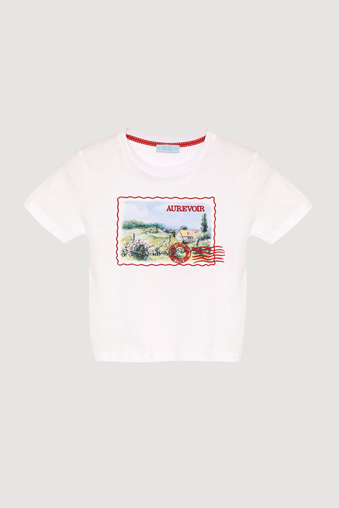 Kartpostal Baskılı Crop Tişört Beyaz