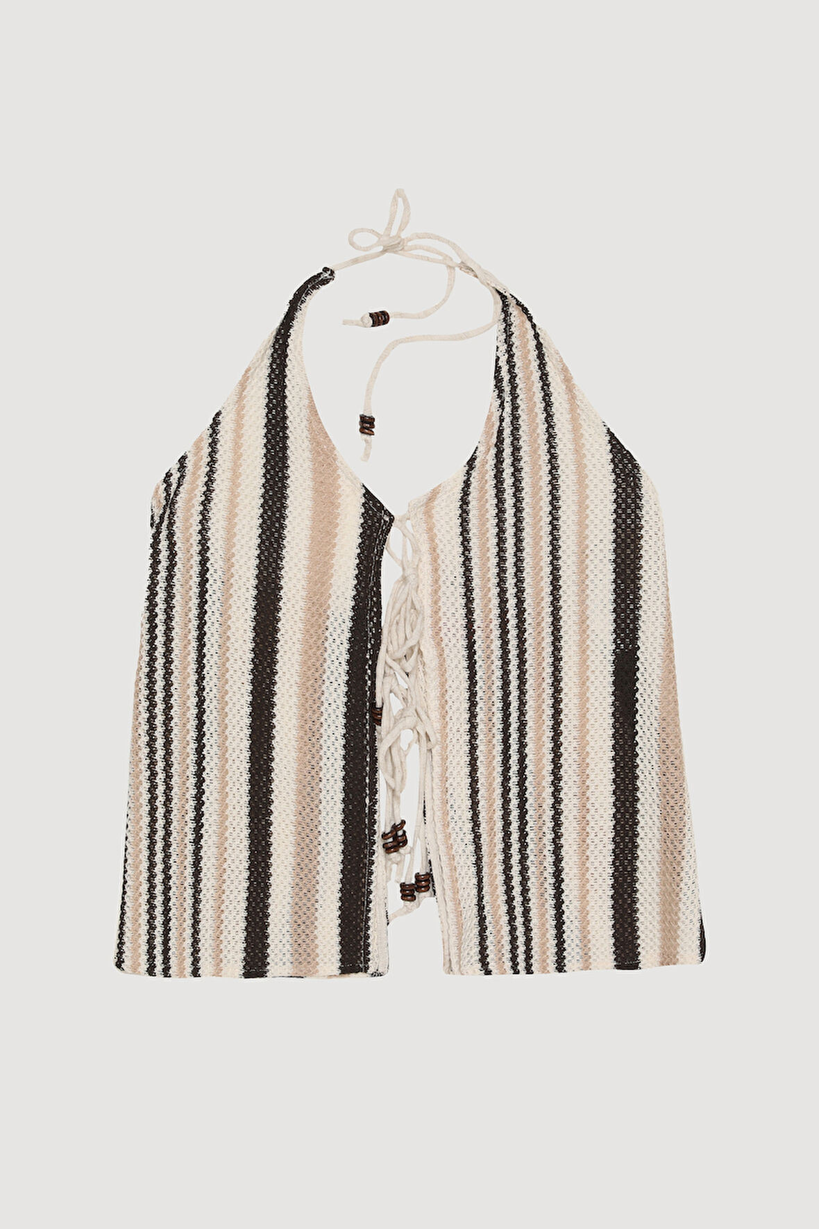 Renkli Örgülü Boncuk Aksesuarlı Bluz Kahverengi