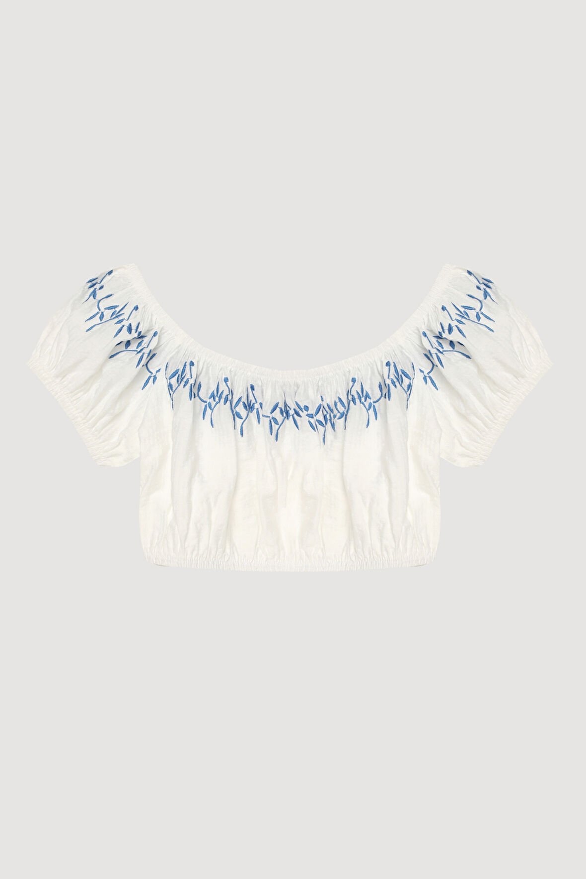 Nakış Detaylı Balon Kol Crop Bluz Ekru