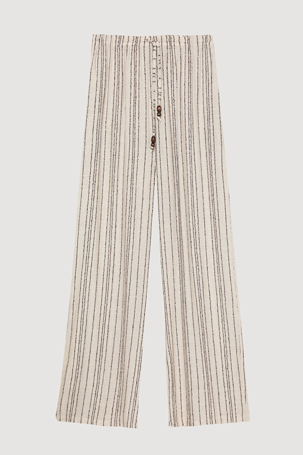 Dokulu İnce Çizgili Bağcıklı Pantolon Naturel