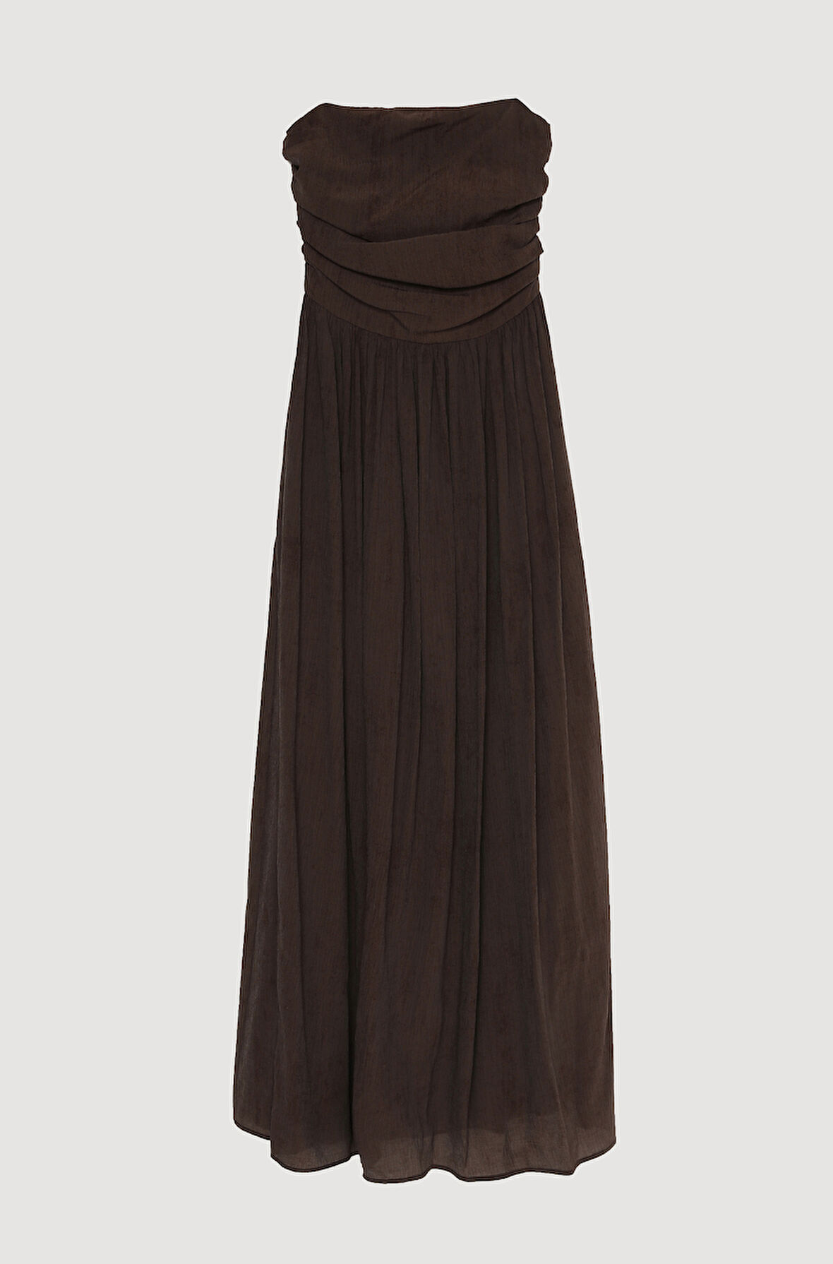 Drape Detaylı Pileli Straplez Midi Elbise Kahverengi