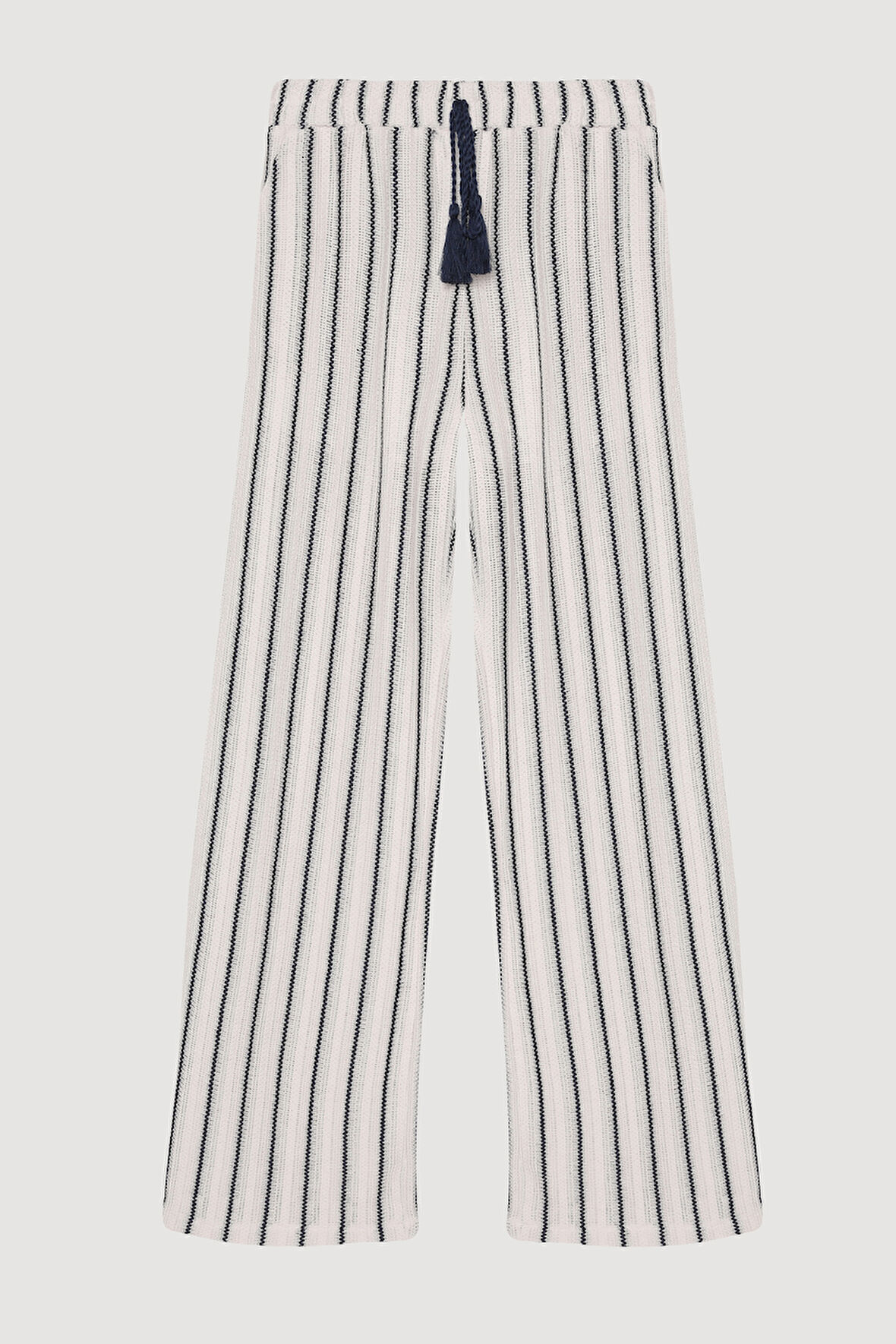 Bağcık ve Püskül Detaylı Çizgili Pantolon Ekru